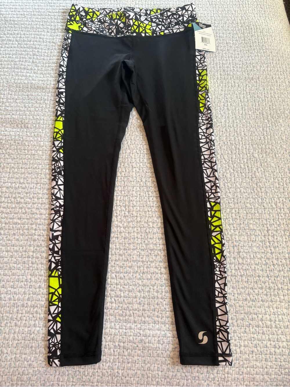 Soffe Black Leggings with Neon Yellow & White Geo Side Panels